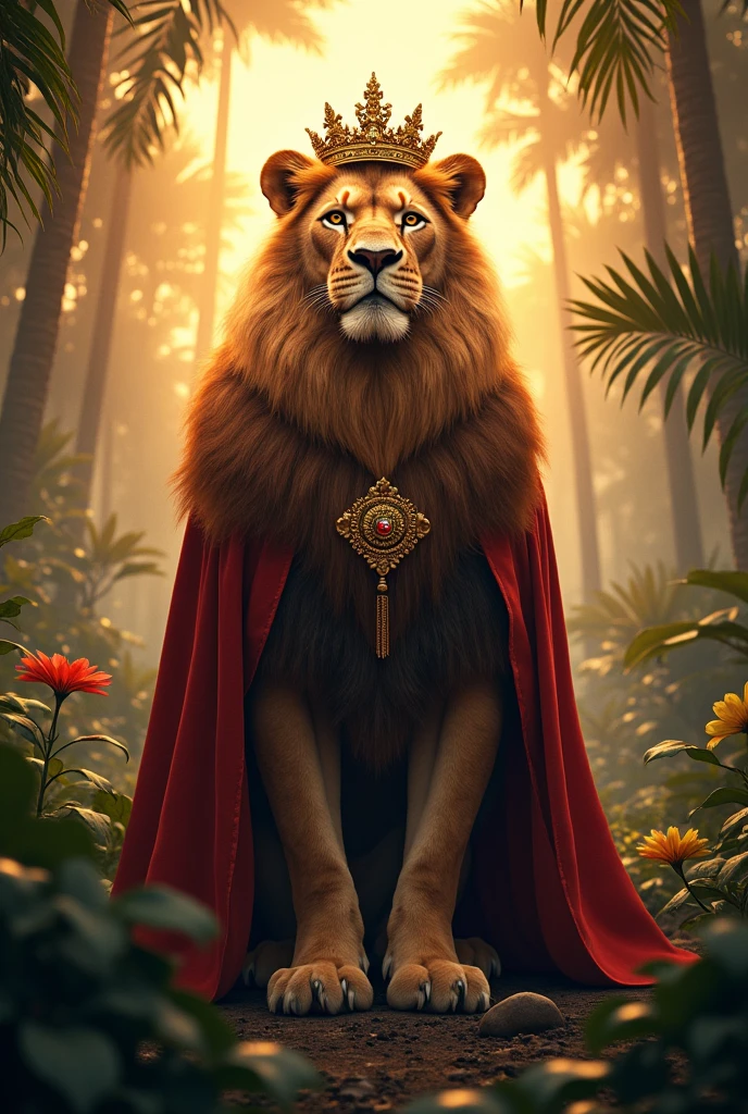 Lion standing in king costume in jungle sunset