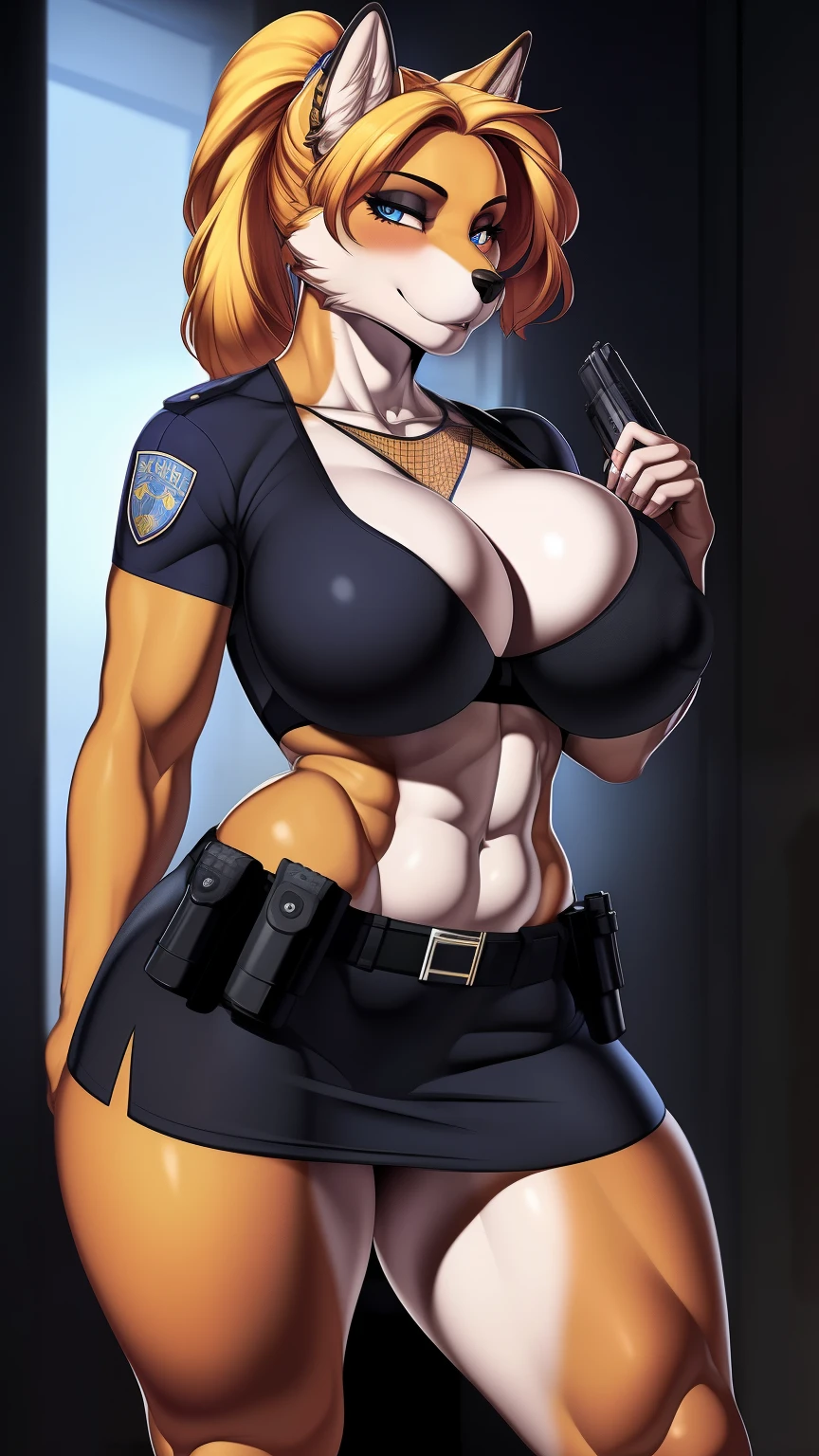 Draft Sketch (nsfw)))), uploaded the e621, beautiful and detailed, (((female))) ((anthro)) werewolf, by cervina_7, lighting cinematic, seductor, werewolf, thighighs, (huge chest) foxovh 1girls ai_generated masterpiece:1.2, best quality, realistic, (real picture, intricate details, depth of field), beautiful blonde woman, she has striking blue eyes, highly-detailed, perfect face, (huge breasts:1.3), (skindentation), thick thighs, wide hips, small waist, tall, (huge ass:1.1), blushing, sexy, wearing tight slim tiny erotic police red dress, nsfw ponytail hair, hair black with highlights red, ponytail fishnet red in bouth legs completly (police t-shirt) (police-mini-skirt) (police-bra) (logo-police-clothes), holding a gun and pointing at camera