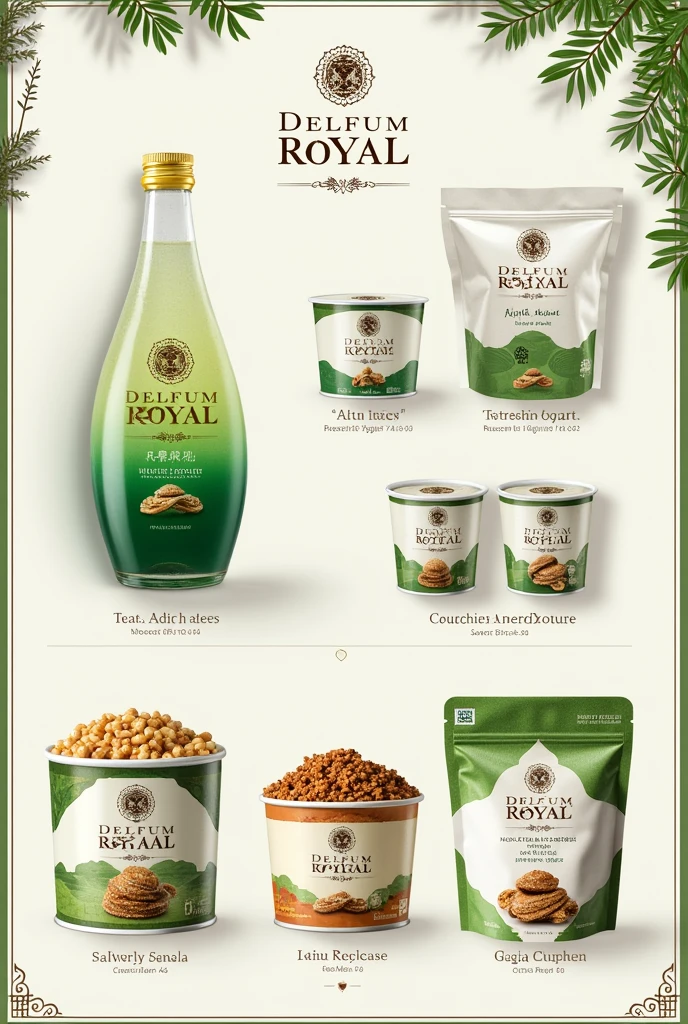 Create a graphic design flier for me using a brand called DELFUM ROYAL with relevant information of the product they sell separately : ADIRE TEES, DELFUM YOGURTS( the yoghurt colour is green and white, GRANOLA and KILISHI. Add this contact information: 0816 047 8445, 0907 503 9477 Create it with an image