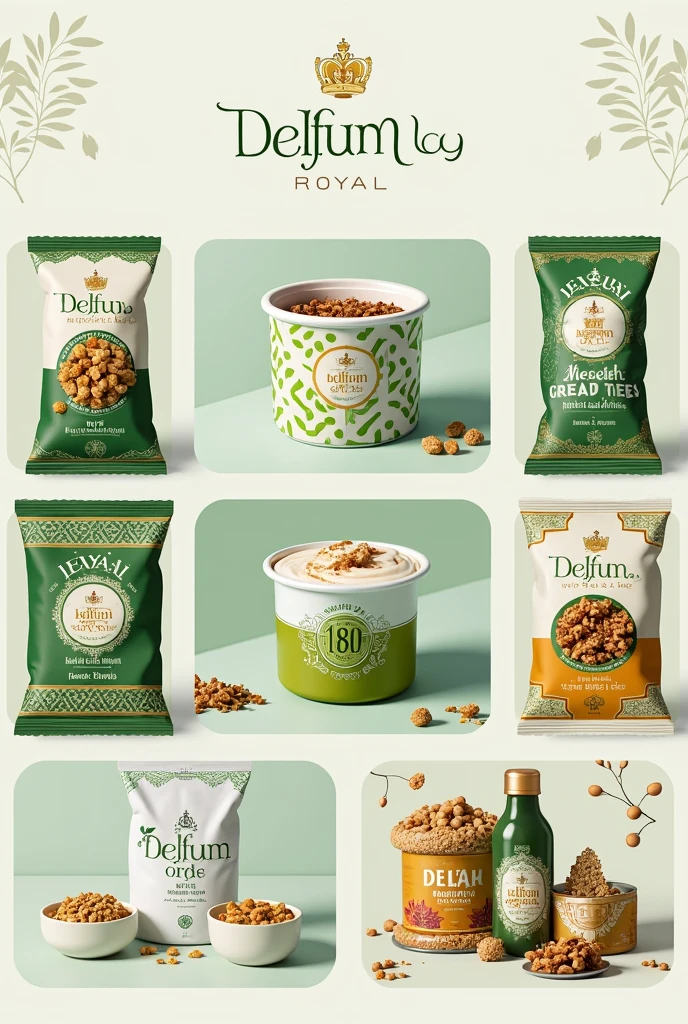 Create a graphic design flier for me using a brand called DELFUM ROYAL with relevant information of the product they sell separately : ADIRE TEES, DELFUM YOGURTS( the yoghurt colour is green and white, GRANOLA and KILISHI. Add this contact information: 0816 047 8445, 0907 503 9477 Create it with an image