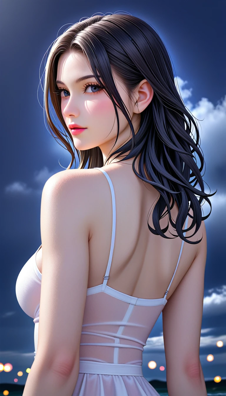 score_9, score_8_superior, score_7_superior, High resolution anime illustrations,A masterpiece in 32K resolution,Highest quality,it is really amazing,Very detailed,Ultra-high resolution,Ultra-realistic,Realistic,Increased depth of field,Cinematic lighting,
Sexy mature Japan woman,
Glossy black hair,Wavy long hair,Showing his forehead,god々Beautiful,Ultra-detailed and beautiful face,Sensual look,Beautiful dark brown, moist eyes,Pitch black eyes,Glowing, moisturized skin,Translucent white skin,born々New skin texture,Great proportions,
White high slit dress,
Simple design,A slit that goes down to the waist,born地の柔らかな質感,
A dark and blurry night background,Dark overcast sky on a dull night,Dark clouds filling the sky,Thundercloud,Coastline at night,Golden reflections on the sea surface,delay々A desolate sandy beach that continues,
Beautiful back view,Low - Angle,
