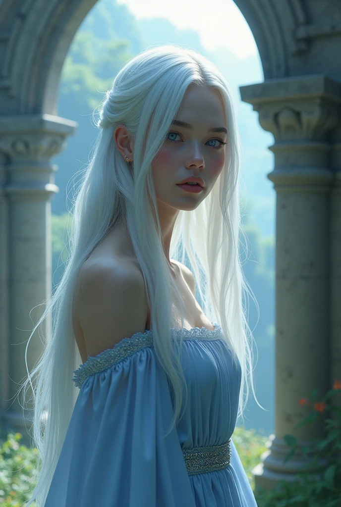 a young woman with white hair, light blue soft dress,evil look,lilac eyes,Mediovale.