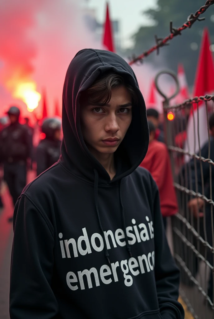 close-up photography of a student, emo hair, wearing a black hoodie with the words "bojes sambas", expression of disappointment, anger, standing next to a barbed wire fence, while holding a large banner with the words "Indonesia is emergency", and many red and white flags, Background: demo atmosphere, afternoon, flare smoke, Jakarta city, lots of police, Canon water cars, very chaotic atmosphere, dramatic, realistic, lots of students, 34k ultra full HD.
