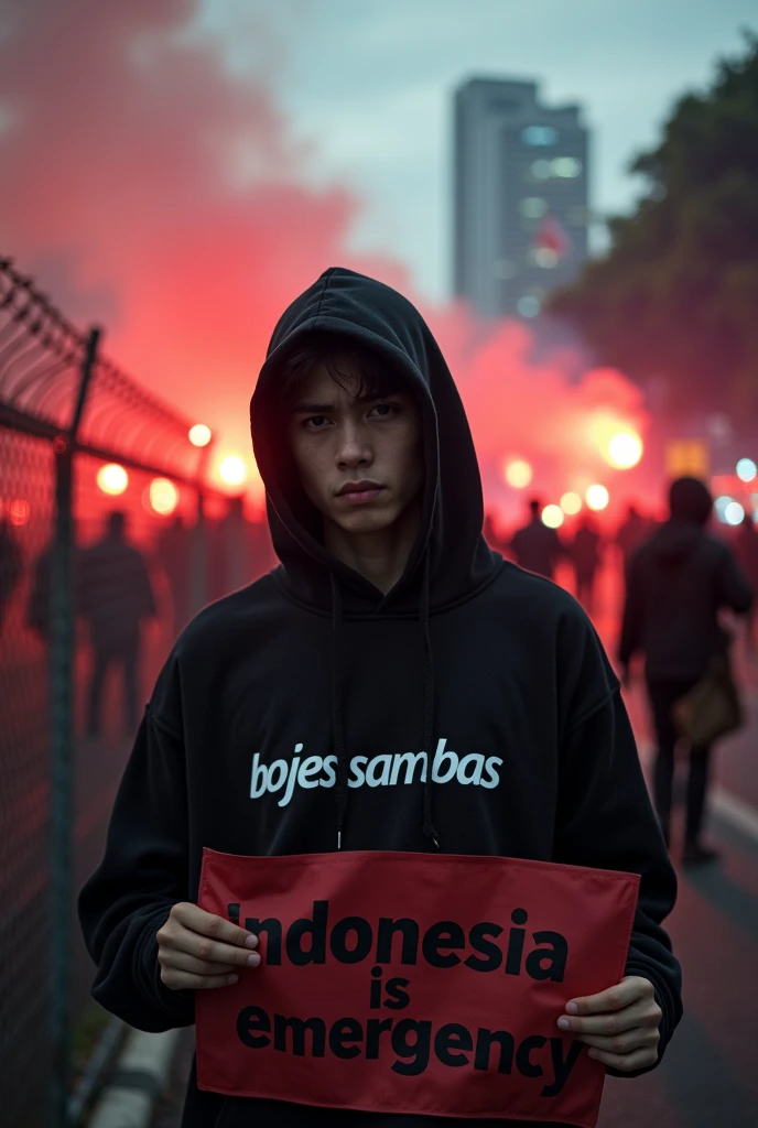 close-up photography of a student, emo hair, wearing a black hoodie with the words "bojes sambas", expression of disappointment, anger, standing next to a barbed wire fence, while holding a large banner with the words "Indonesia is emergency", and many red and white flags, Background: demo atmosphere, afternoon, flare smoke, Jakarta city, lots of police, Canon water cars, very chaotic atmosphere, dramatic, realistic, lots of students, 34k ultra full HD.