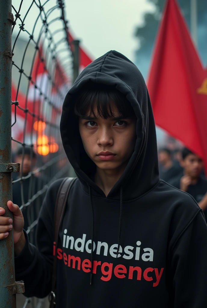 close-up photography of a student, emo hair, wearing a black hoodie with the words "bojes sambas", expression of disappointment, anger, standing next to a barbed wire fence, while holding a large banner with the words "Indonesia is emergency", and many red and white flags, Background: demo atmosphere, afternoon, flare smoke, Jakarta city, lots of police, Canon water cars, very chaotic atmosphere, dramatic, realistic, lots of students, 34k ultra full HD.