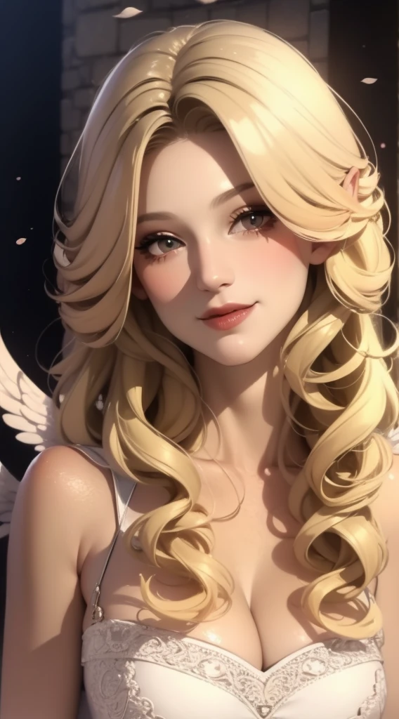 1 woman, alone, mature woman, curly blonde hair, long hair, blonde wings, wearing a dress (with makeup), portrait, (smiling), focus on face