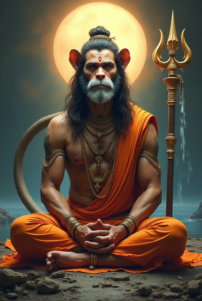 A detailed depiction of Lord hanuman with monkey face, a central figure in Hindu mythology. The image should portray him seated, cross-legged on a tiger skin, in serene meditation. His trident, the Trishul, stands majestically next to him. A serpent, representing infinite energy, is coiled around his neck. His third eye is visible on his forehead, beaming wisdom and tranquillity, and the crescent moon is perched gently on his matted hair. A stream of river Ganges can be seen flowing from the locks of his hair. All elements in perfect harmony, encapsulating the divine and enigmatic aura of Lord hanuman.