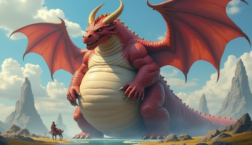 He is a red dragon, Cool, It has golden horns, Wings with hands, The world's most super tall and extremely obese dragon, So that the boat touches the ground, Its size is larger than a planet., It has wings and uses various magic. It is fatter and its facial features are so thick that it is bigger than its face, and its belly is swollen like a balloon that is about to burst. The dragon uses various magics and its belly is swollen several times more than its size, making it distracting.!!! His belly is bigger than his body. His belly touches the ground and his body is long. He is 10 heads tall. He is alone. He is too fat. His belly is too big and his legs, arms, face and everything else look small compared to his belly fat. Make him fat and chubby.