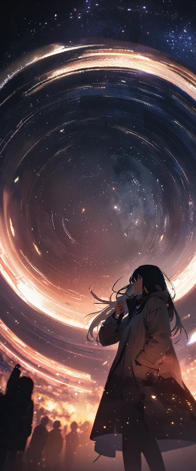 8k,wallpaper of extremely detailed CG unit, masterpiece,hight resolution,top-quality,top-quality real texture skin,hyper realisitic,increase the resolution,RAW photos,best qualtiy,highly detailed,the wallpaper,cinematic lighting,ray trace,golden ratio, BREAK ,many stars twinkling in a beautiful bright winter night sky, long exposure starry sky with many circular orbits, silhouette of a cute young woman with long hair with her hands in her coat pockets looking up at it, photo taken from long distance, photo from below, beautiful kaleidoscope multiple exposures overlapping