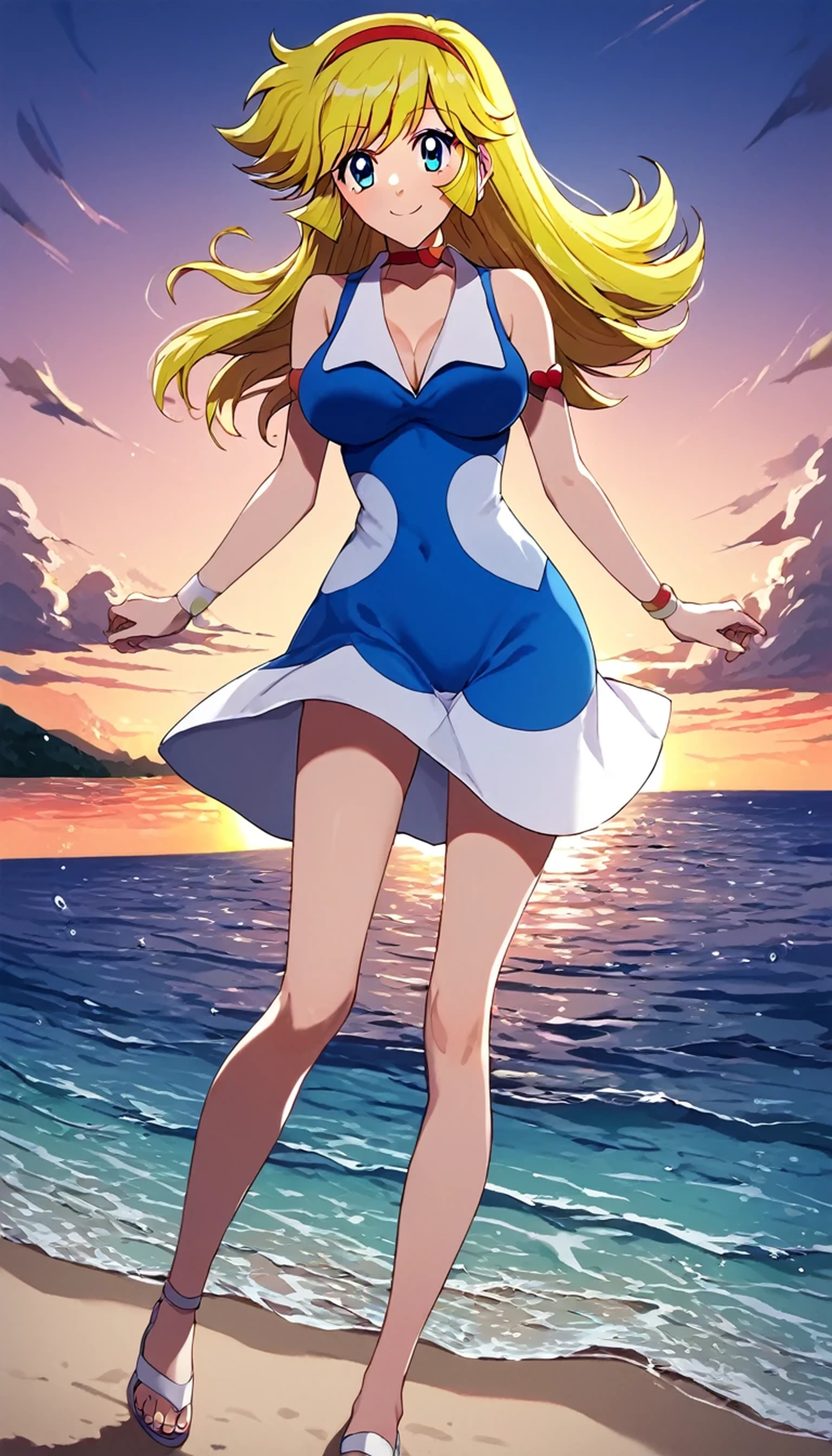 (Anime artwork, Anime Style, Studio Anime, Very detailed, up to date, Vibrant, Anime Coloring Book, High Contrast, masterpiece:1.2, Highest quality, Best aesthetics),((kisaragi honey:1.4)), (blonde hair:1.1), summer dress, (hair band, red), BREAK score_9, score_8_up, score_7_up, source_anime, best quality, (blue eyes:1.1), pink panties, (She walked along the beach in the sunset, her bare feet touching the water, the closest she came to seeing that smile:1.1), (cinematic angle:1.1),