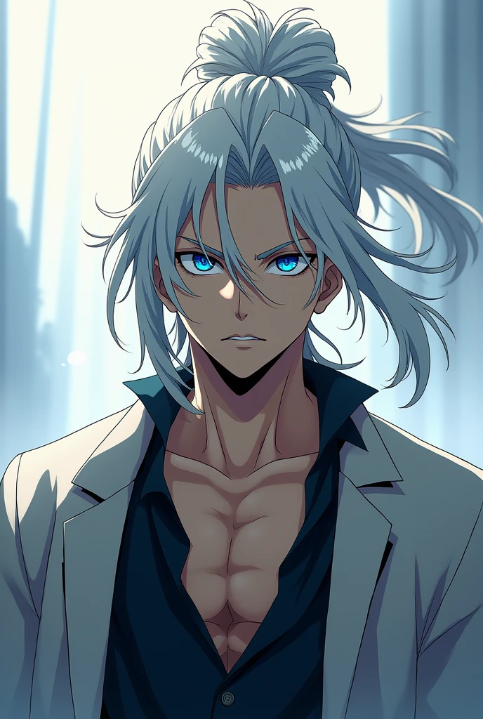 Real anime eren yeager with man bun hairstyle + blue eyes white hair + muscular body