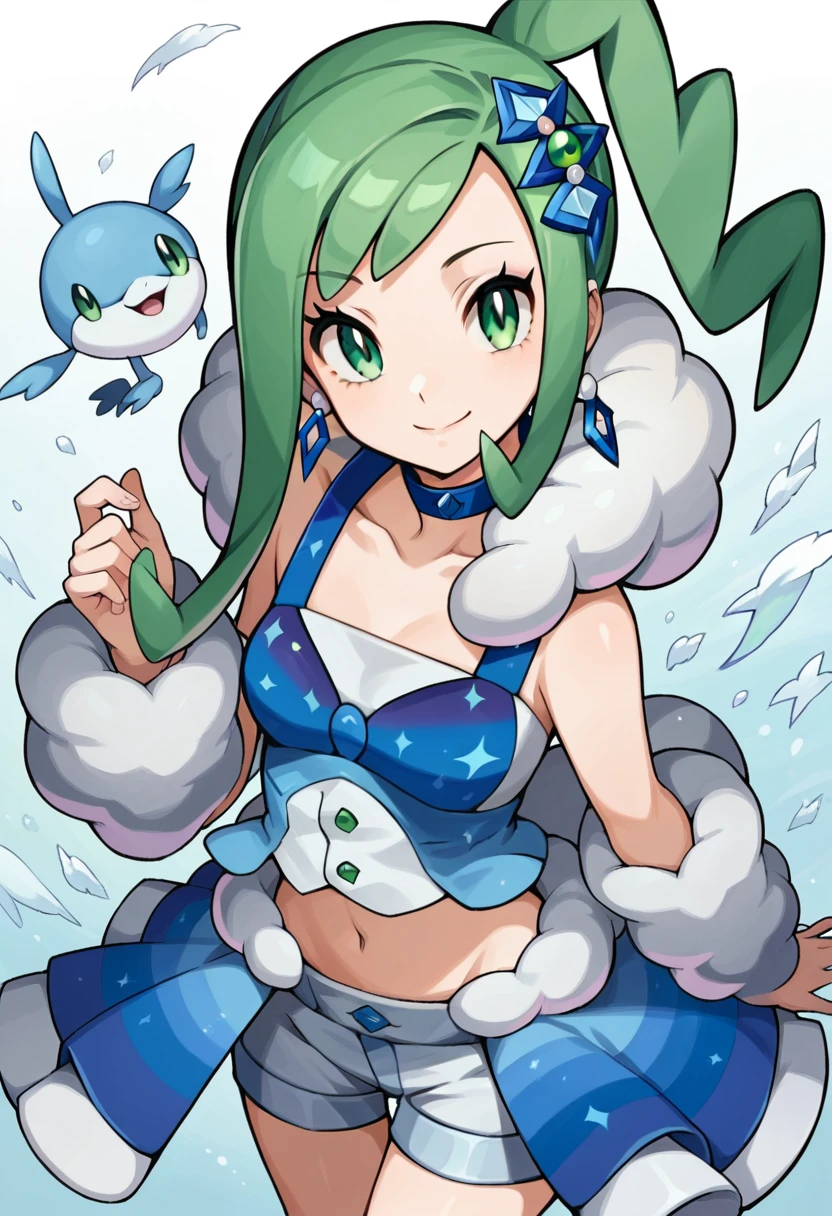 score_9, score_8_up, score_7_up, source anime,1girl,solo,lisia \(pokemon\),green eyes,green hair,bare shoulders,dress,earrings,hair ornament,jewelry,navel,shorts,showgirl skirt,single thighhigh,choker,looking at viewer,smile