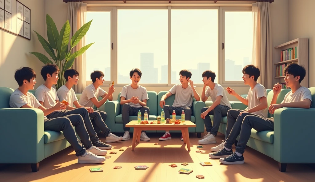 Twelve 20-year-old dark-haired, yellow-skinned Korean guys are gathered in a large, bright dormitory common room, eating snacks and drinking from water bottles. They're casually sitting on sofas or on the floor, with snacks and drinks scattered on the table.