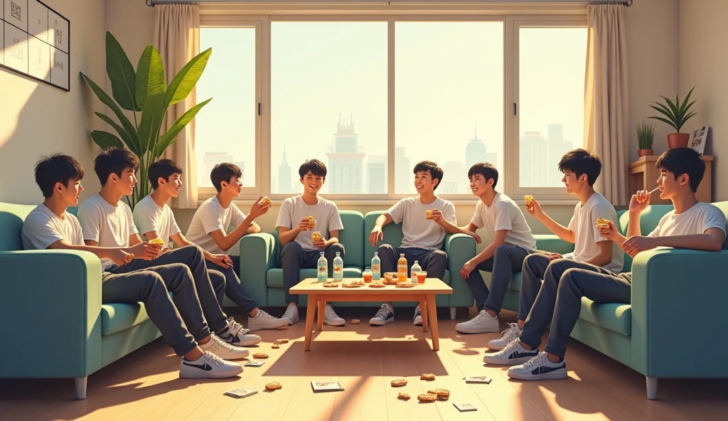Twelve 20-year-old dark-haired, yellow-skinned Korean guys are gathered in a large, bright dormitory common room, eating snacks and drinking from water bottles. They're casually sitting on sofas or on the floor, with snacks and drinks scattered on the table.