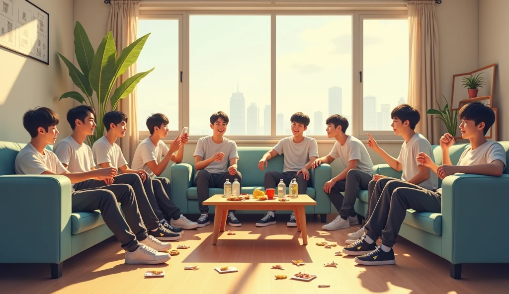 Twelve 20-year-old dark-haired, yellow-skinned Korean guys are gathered in a large, bright dormitory common room, eating snacks and drinking from water bottles. They're casually sitting on sofas or on the floor, with snacks and drinks scattered on the table.