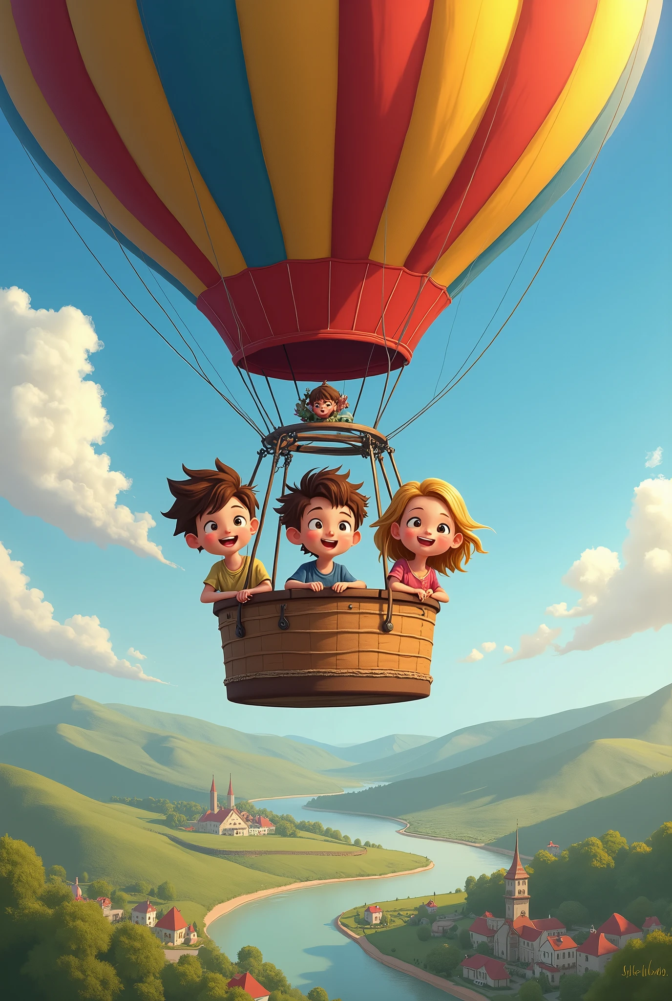 3 children flying in a hot air balloon, 2 boys and 2 girls