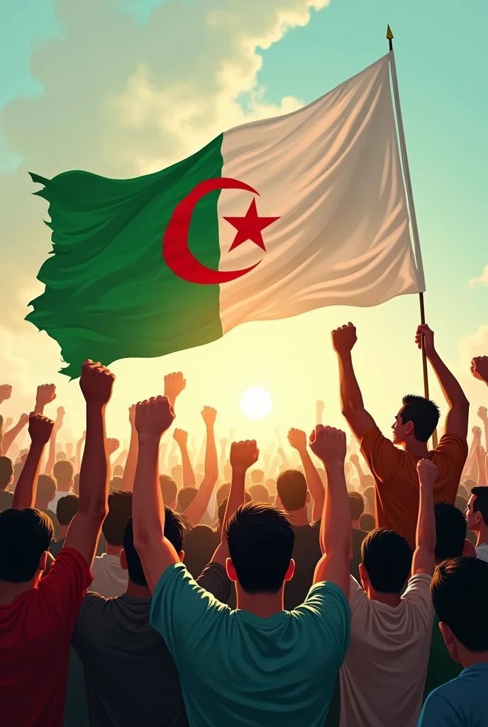 Le drapeau algérien flotte bien haut vers blanc le croissant de lune et l'étoile rouge et le peuple algérien le point levé avec des femmes des enfants et des hommes heureux pour le rêve algérien