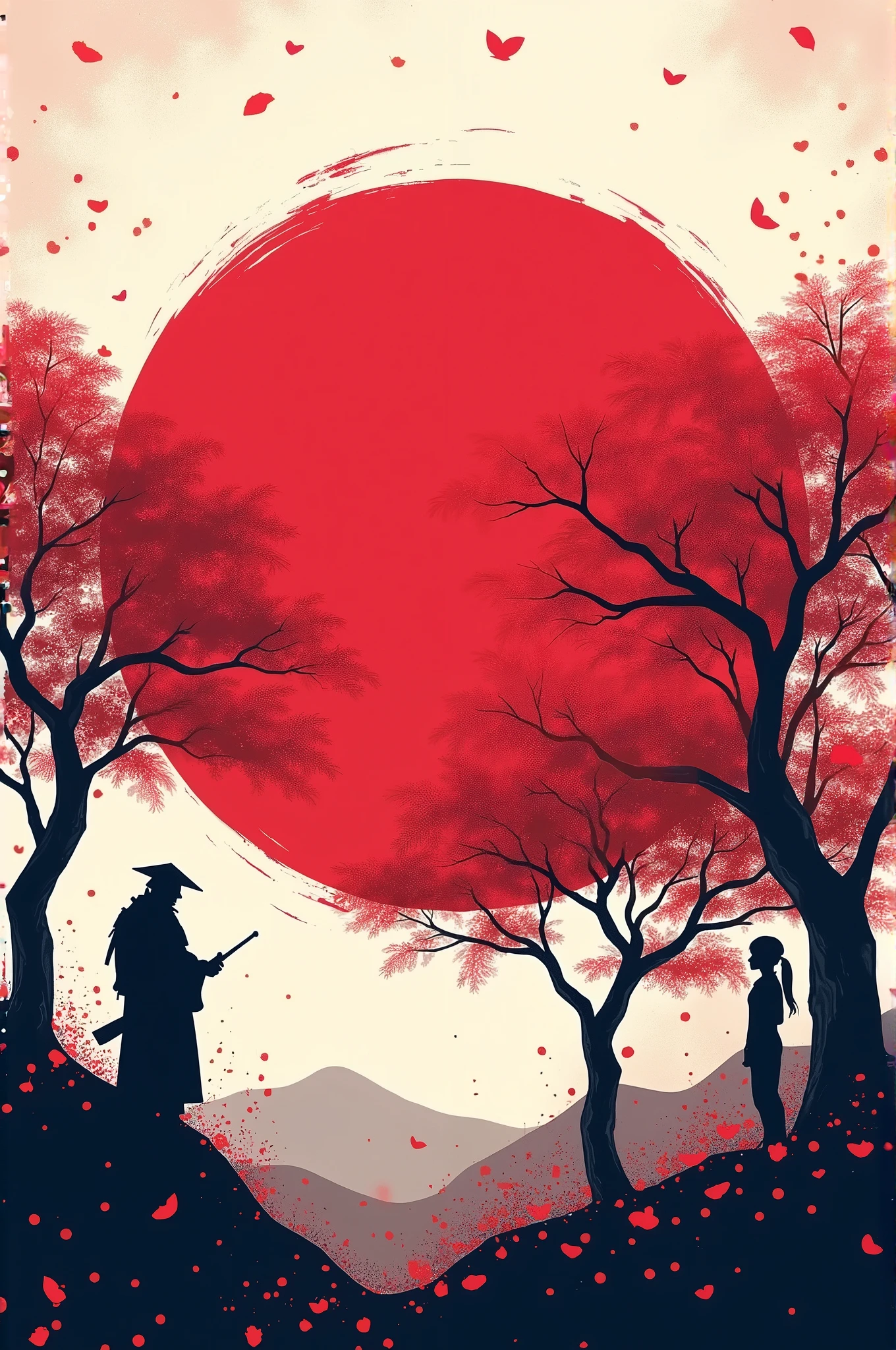Generate me a horizontal image, a flag of Japan with silhouettes of characters and cherry trees