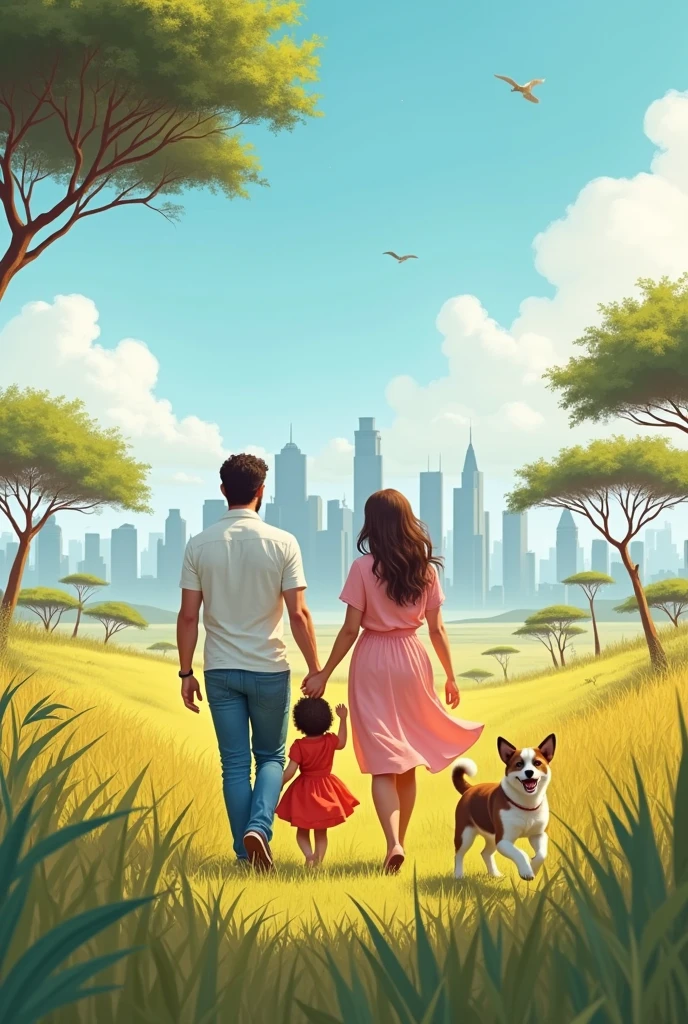 White shirt and jeans pants Husband , light pink clour frok wife,red frok baby,walking ina savana ,bright morning,background sky scrappers,a puppy.
