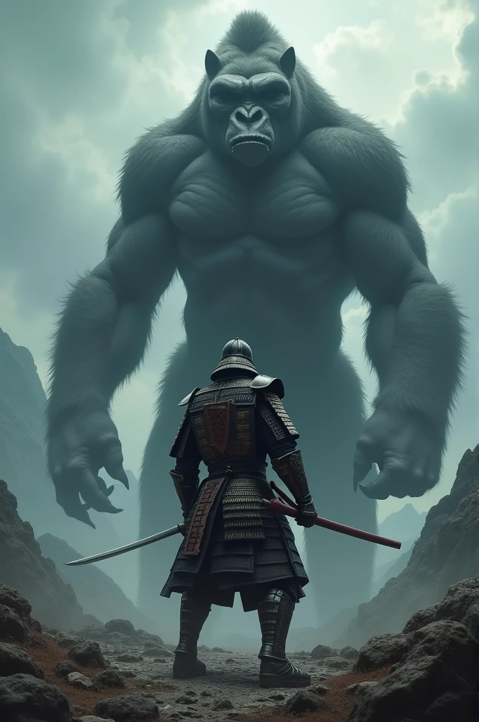 A back view of a samurai facing off against a monster that combines a gorilla and a horse