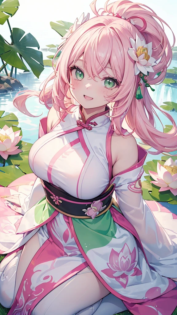 ((Genshin impact style lineart)) ((all body portrait)), (masterpiece), (high quality), ((full body)) 1 girl, 16 years, female and curvy body, white skin, freckles, ((long, and wavy (((white-pink hair)), ((GREEN and bright eyes like de forest)), she has a cheerful, Very lively, happy, bright, kind and sweet expression, pink lips with a big smile, ((designs from East Asian, Game character costume design)), Chinese clothing style with a green and light pink color palette, chinese hair accessories, ((White background, chinese flowers, lotus, cute and colorful pink details)), ((portrait panting)), intricate details, lens flare,ultra high resolution,sharp focus,HD,8k,clear facial features,clear details,beautiful eyes,beautiful and cheerful face