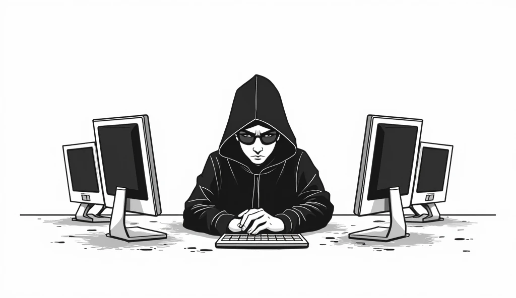 black and white hacker type vector manga multiple screens horizontal white background only the lines of the edges in black without fills comic type
