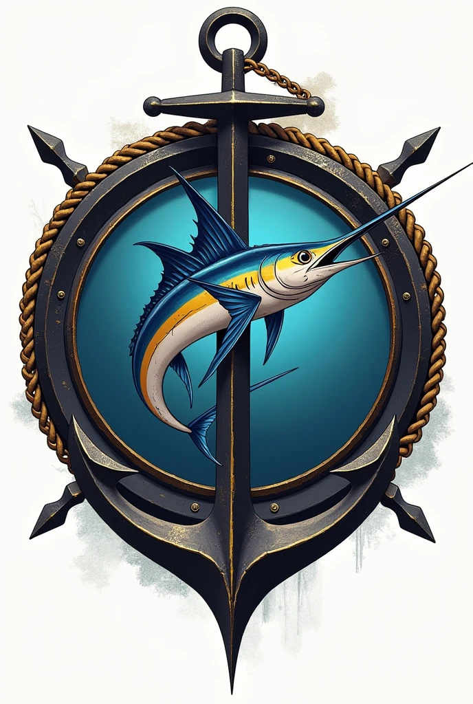 Make a circular shield with a sailfish in the center, with an anchor at the bottom of the circle With a gold rope outline at the bottom and chain at the top, and that it has the 4 cardinal points in the background inside the circle That only shows the four points no more That it is a simple design and not so realistic