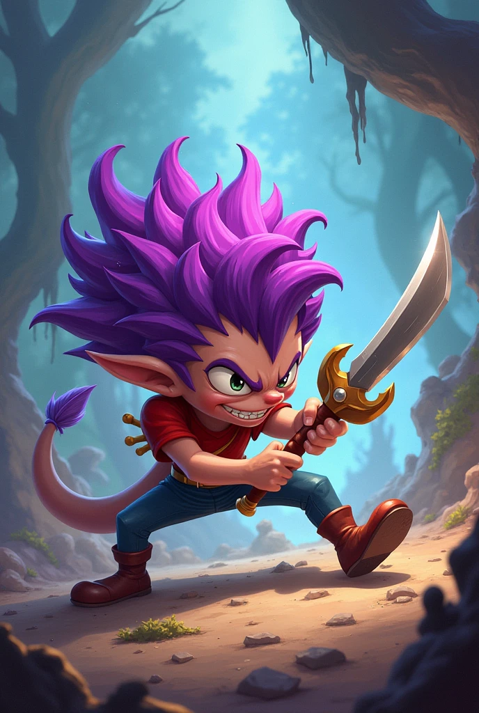 The little purple-haired monster fights with the little hero