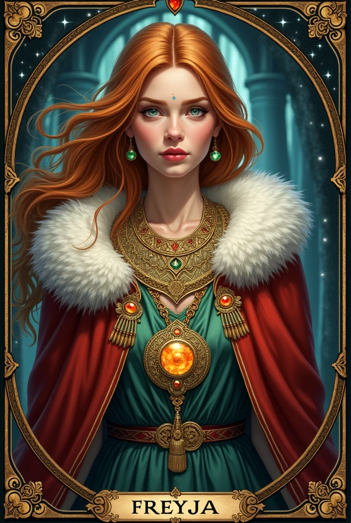 Illustration of the Norse goddess Freyja in her cloak of falcon feathers, wearing an elaborate Viking necklace of gold and jewels. Tarot card style.