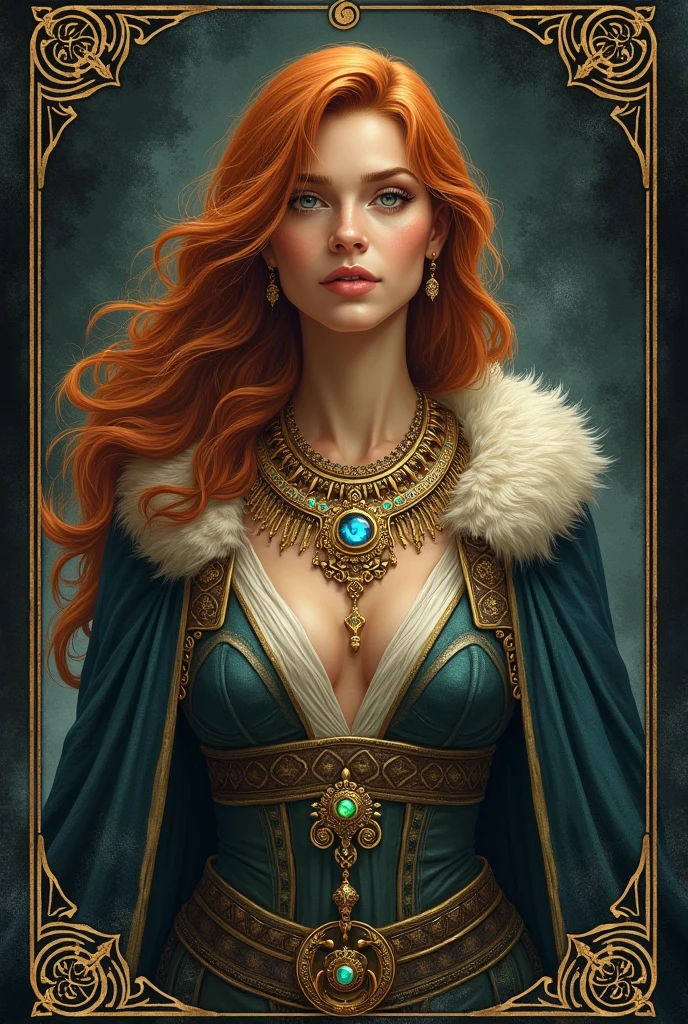 Illustration of the Norse goddess Freyja in her cloak of falcon feathers, wearing an elaborate Viking necklace of gold and jewels. Tarot card style.