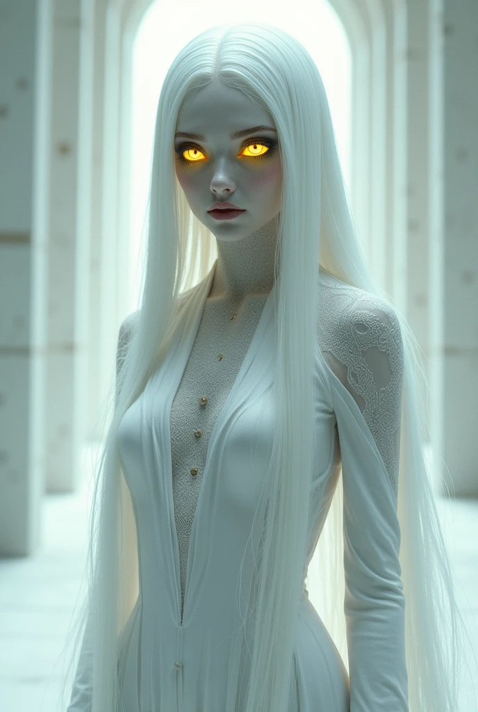black, very long white hair, yellow snake eye, white outfit