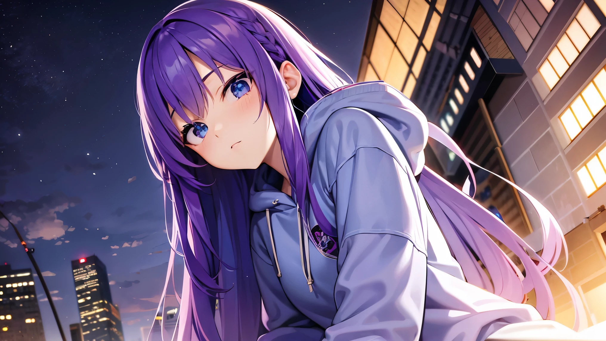 Purple Hair、hoodie、blue eyes、Near future、cool、Angle from below