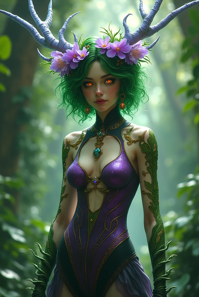 Prismatic coloration. Jungle like environment. A young Plant woman with a Grass green skin tone & a set of B-cup breast. She has short leaf green curly hair stopping at the top of her neck & is wearing a form-fitting Purple & Black bodysuit with a deep neckline, exposing much of her chest area Golden Floral designs & an otherworldly Purple flower wreath on her head. She has Serious gaze in her Starlike Golden eyes & a heavy freckled form. She has long transparent crystal Blue antlers radiating Floral energy & a set of quaint elven ears. She has long golden vine like tattoos, glowing with Celestial red energy running all around her body. She has a small cute nose She is seen in a battle stance summoning verdant green Starlight magic from her fingertips