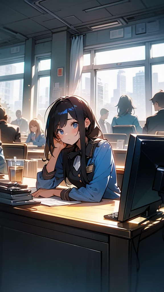 young woman,Social People,Wearing a uniform,Working on a computer,Working while looking at a computer screen,Office work,data entry,hitting the keyboard,office,City Hall,There are other people