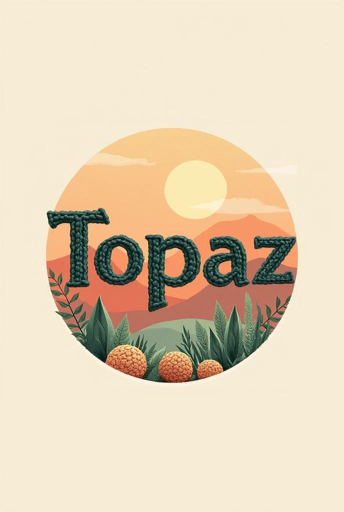 Logo brand written with name "topaz", with earthy colors on a round background and with crochet 