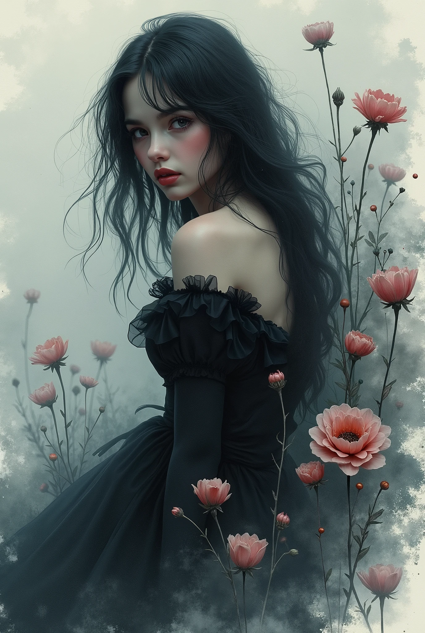Goth-style watercolor portrait of a girl, perched in muted shadows, surrounded by ethereal blossoms shrouded in mist, chiaroscuro, elusive and mysterious atmosphere, dark palette with splashes of vibrant colors from flowers, texture of wet on wet watercolor technique, delicate interplay of light and dark, ghostly blooms emerging from the fog, digital painting, ultra fine details. Dynamic pose, 8k, high quality, HDR. Art by playposer.
