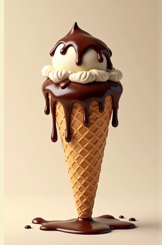 an ice cream cone with chocolate on top