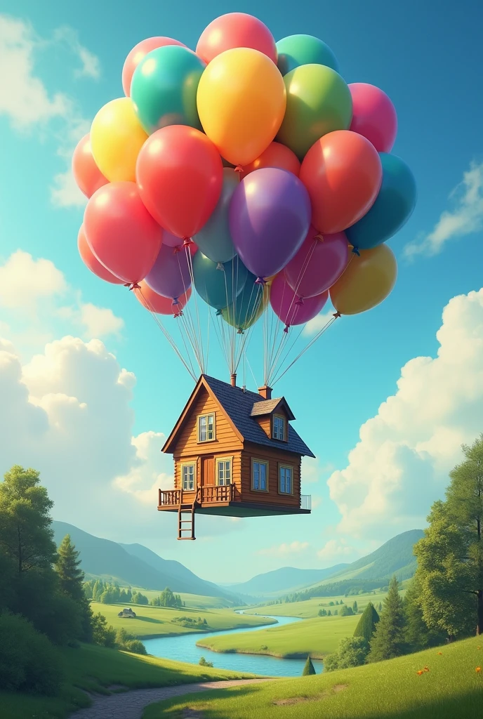 House flying with colorful balloons on top