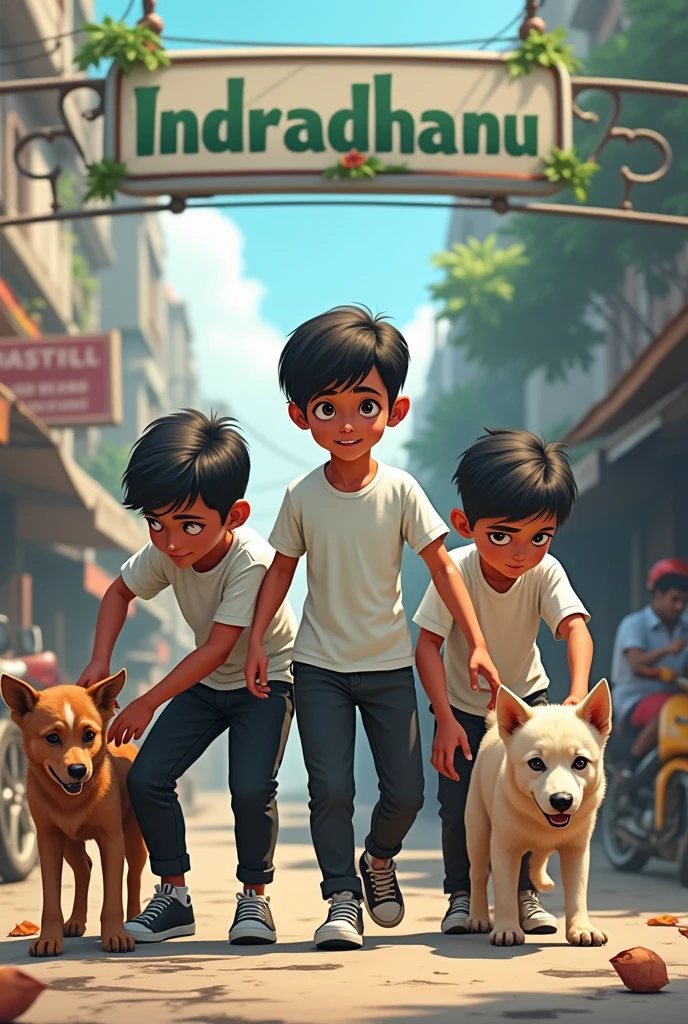 A special team named INDRADHANU of 3 boys and one girl with white t shirt and black pant helping the street dogs in streets of india and a big signboard with Indradhanu name in the backside