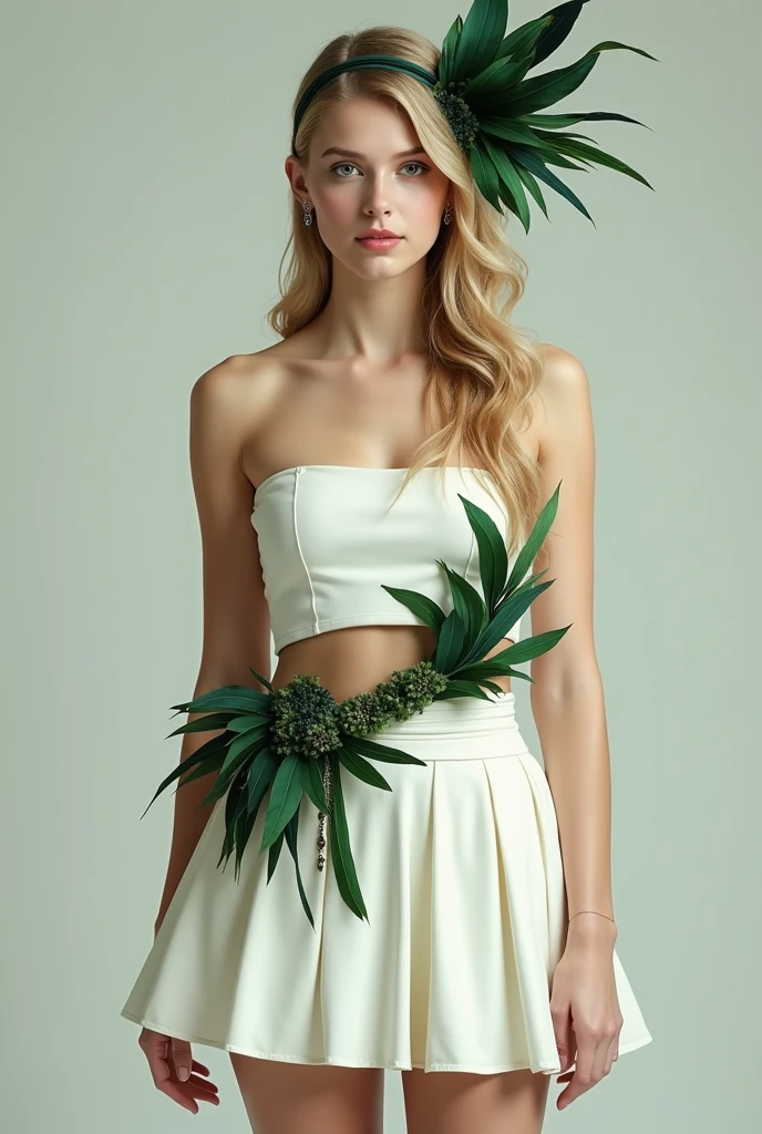  dressed in a short white thigh-length skirt, with a white belt that has green and dark feathers stuck to it, white sleeveless crop top with an accessory made up of feathers in different shades of dark green worn on the side of the head, held by a band that wraps around the forehead.