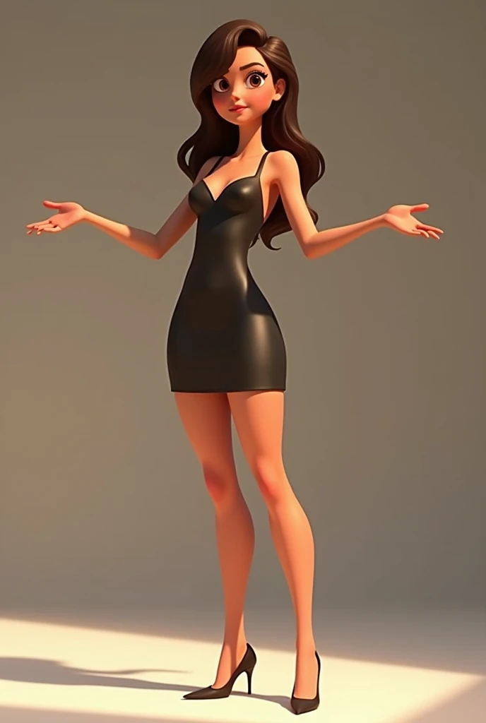 (Disney Pixar style: 1.2) (20-year-old adult: 1.), white, hazel eyes, wearing a modern dress, large breasts, standing in a T-shape with small waist, open and stretched hands with large legs.