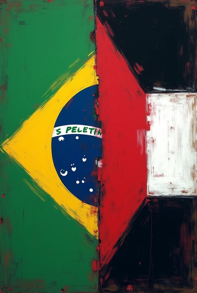 half brazilian flag, half of the palestinian flag covering the entire space. the design is as if it were a drawing making half of each flag cover the entire space. something very simple .