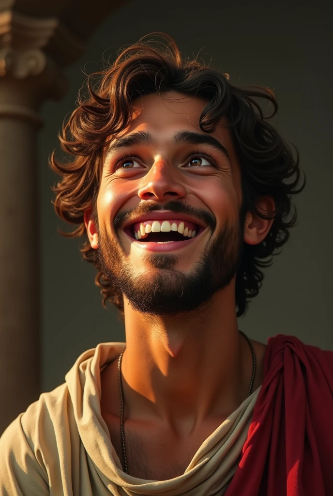 face of a young man in the time of Christ telling a miracle of Jesus with a smile on his lips