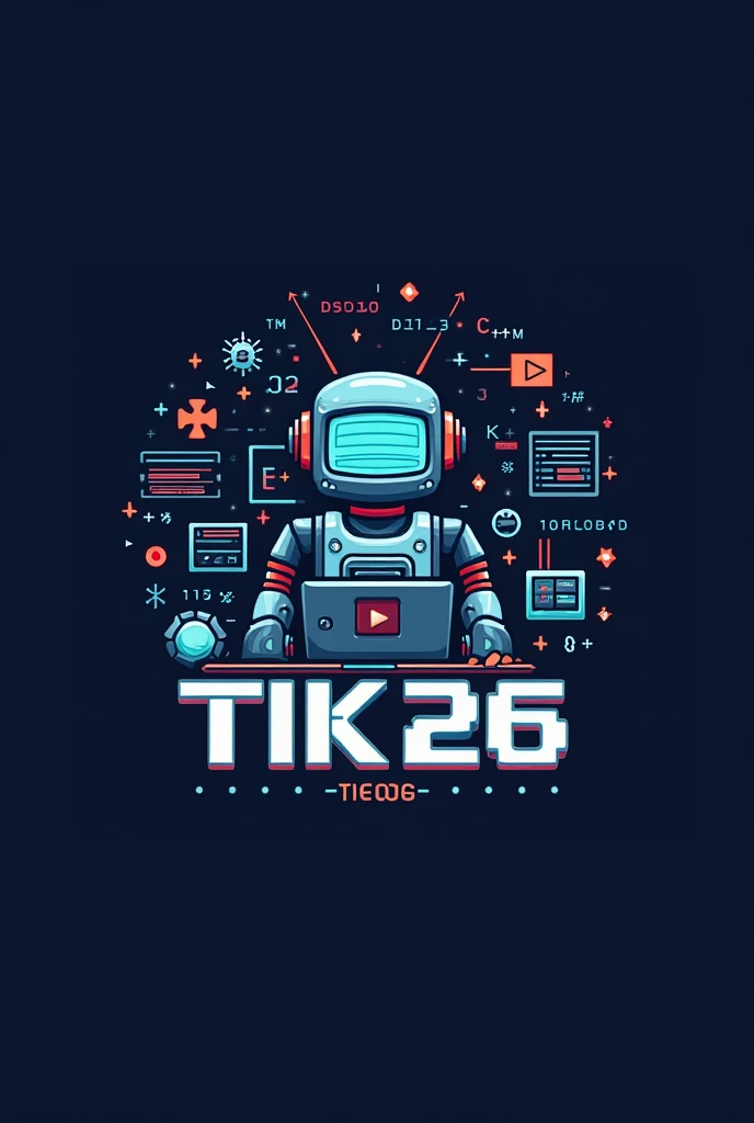 pixel logo for IT class with code, C++, laptop, robot, mouse and text TiK26 with T and K capitalize