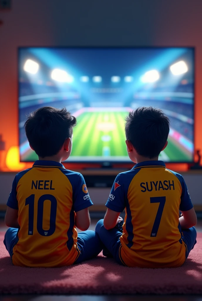Create an image in which two boys had were 'CSK' jersy and on the jersy printed name is 'Neel' and 'Suyash' respectively they are sitting on the floor and watching 'CSK' match in LED tv