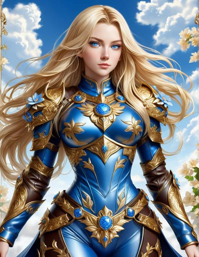 A full-body portrait of a young woman in anime style, with long, light blonde hair, framed by a white mantle adorned with golden details. She has intense blue eyes and wears a form-fitting blue armor with intricate engravings of leaves and flowers, and golden metal pieces covering her shoulders and arms. A dark brown leather belt with metallic buckles secures her armor at the waist. She wears brown leather boots, standing in a dynamic action pose. A cross-shaped pendant adorns her chest. The background features a blue sky with fluffy clouds, highlighting her majestic and noble appearance, visible from head to toe.