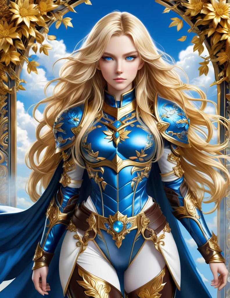 A full-body portrait of a young woman in anime style, with long, light blonde hair, framed by a white mantle adorned with golden details. She has intense blue eyes and wears a form-fitting blue armor with intricate engravings of leaves and flowers, and golden metal pieces covering her shoulders and arms. A dark brown leather belt with metallic buckles secures her armor at the waist. She wears brown leather boots, standing in a dynamic action pose. A cross-shaped pendant adorns her chest. The background features a blue sky with fluffy clouds, highlighting her majestic and noble appearance, visible from head to toe.