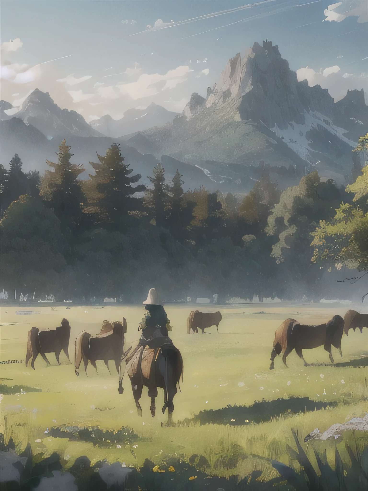 In a green meadow stands a girl leading a group of knights.
BREAK
With a brave expression, she guides them towards their destination.
BREAK
Behind her, a green forest stretches out and beyond that, mountains rise in the distance.
BREAK
The most suitable effect for this scene would be a watercolor painting technique to capture the softness of the meadow and the fluidity of the movement.