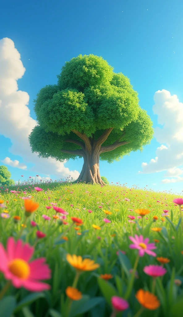 : Viral anime nature wallpaper in 4K quality, in the style of Pixar 3D inspired by Toy Story, showcasing a lush meadow filled with colorful wildflowers, a clear blue sky with fluffy clouds, and a single majestic tree standing in the middle; bright and cheerful color temperature, cosmos lighting with stars twinkling in the sky, no human characters, the atmosphere is whimsical and joyful --v 5-stylize 1000