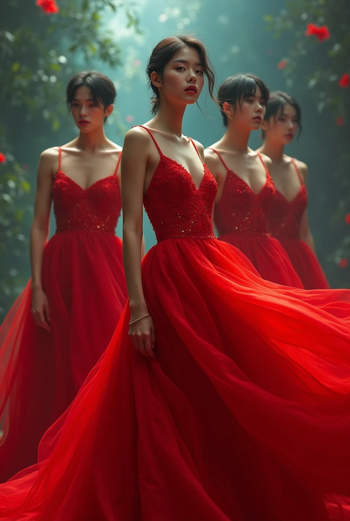 A males idols dressed in the red dresses